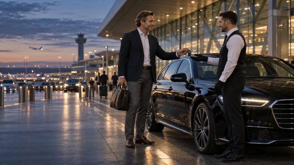 Symbolbild einer persönlichen Fahrzeugübergabe am Flughafen für den geplanten Airport Service FRA