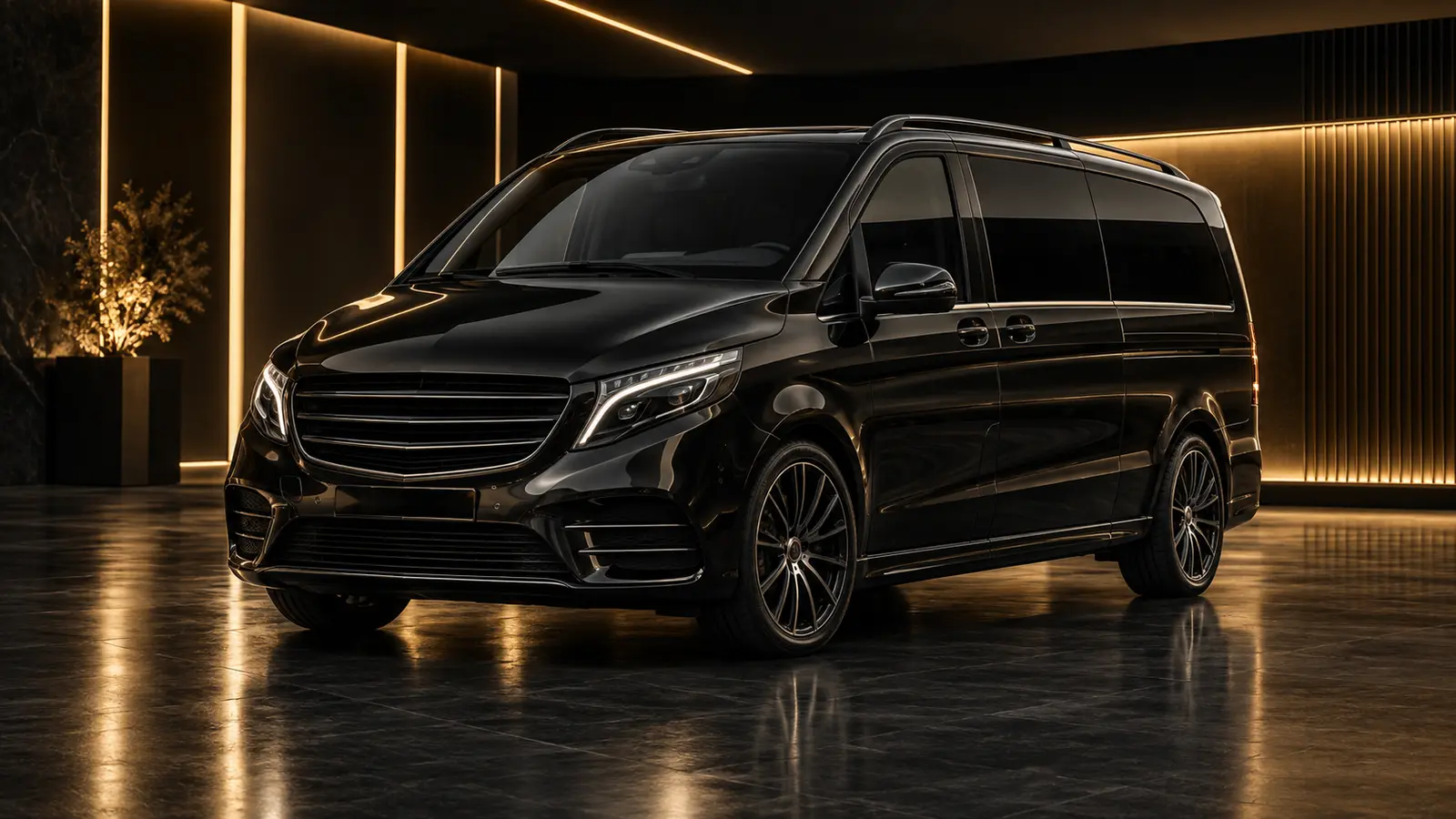 Schwarze luxuriöse V-Klasse in einer exklusiven schwarz-goldenen Fahrzeughalle