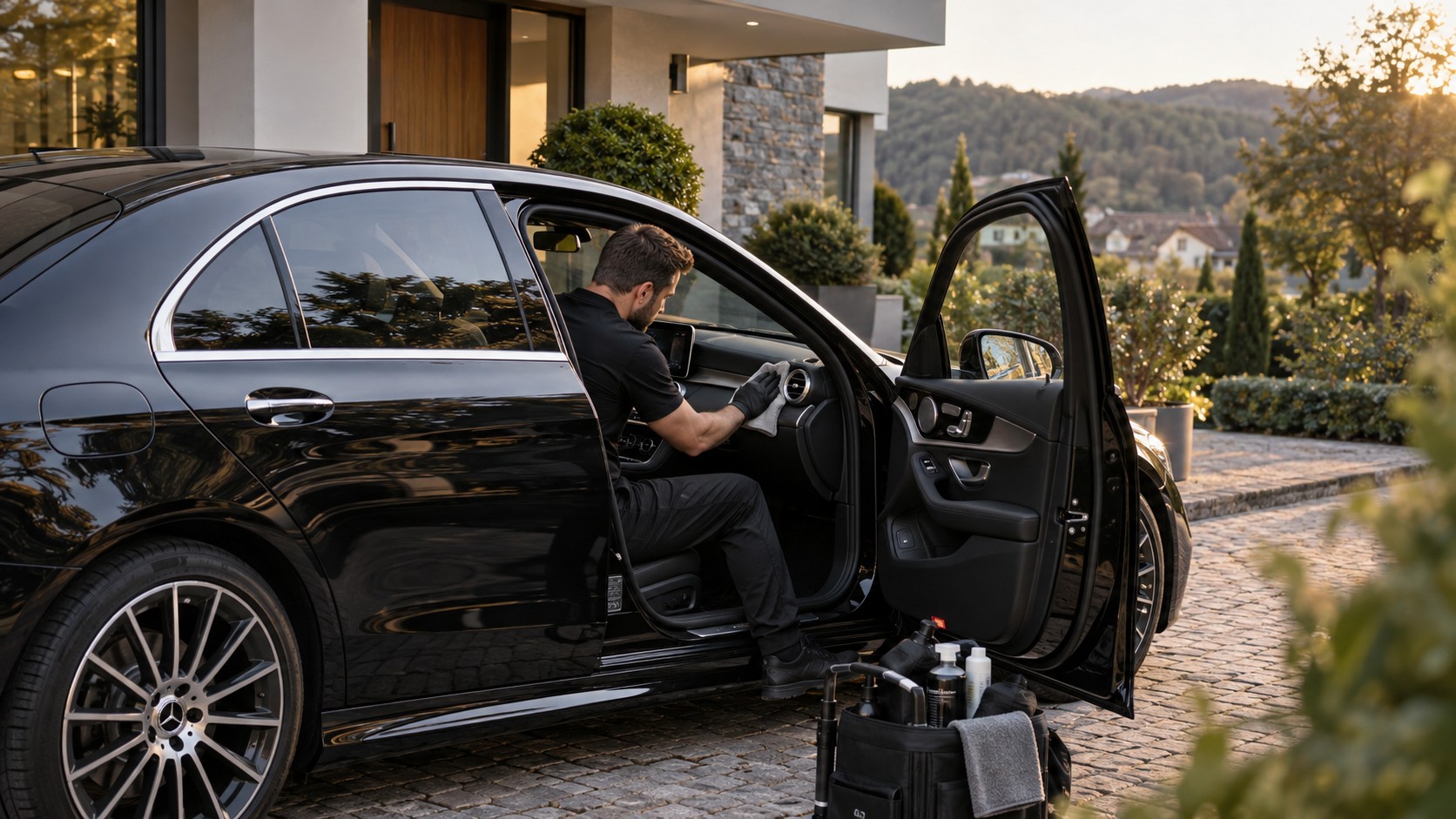 Mobile Innenraumaufbereitung eines Mercedes in der Einfahrt beim Kunden